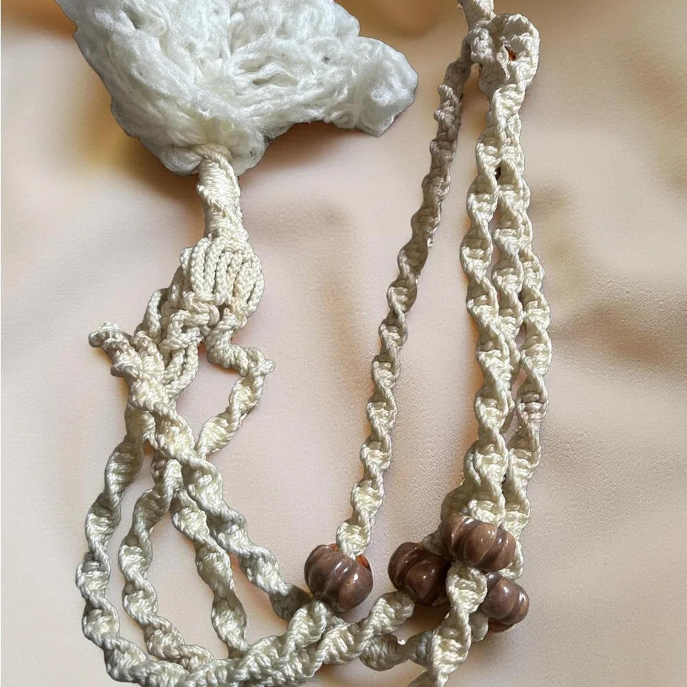 Vintage 70s Macrame Plant Hanger Wood Beads Boho Hippie Cream Ivory [Length]